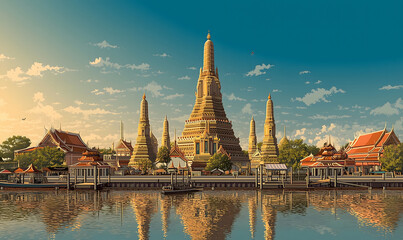 Naklejka premium Scenery of Wat Arun, Bangkok, Thailand in illustrations, presentation images, travel image ideas, tourism promotion, postcards, generative AI