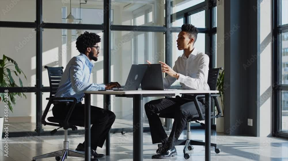 Poster meeting between two colleagues in a modern office setting discussing ideas and strategies during day