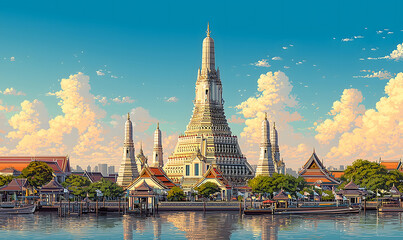 Scenery of Wat Arun, Bangkok, Thailand in illustrations, presentation images, travel image ideas, tourism promotion, postcards, generative AI