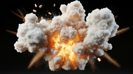 Fiery explosion with smoke, debris, and bright orange core against black background