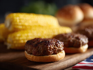 Juicy burgers and corn on wooden board with American theme