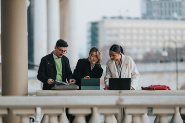 Business professionals exchange ideas using laptops and printed materials outdoors.