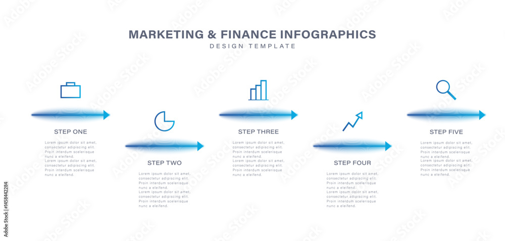 Poster minimalistic infographic template with arrows. five steps or options with icons for business present