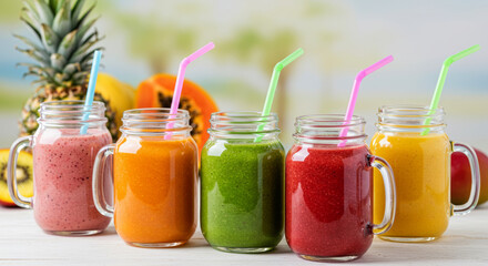 A lineup of colorful smoothies in mason jars with straws, tropical fruits in the background, clean white setup