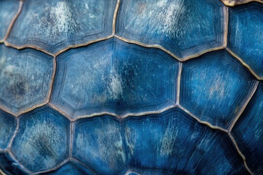 Close-up of a turtle's carapace showing intricate, textured scutes in shades of blue.