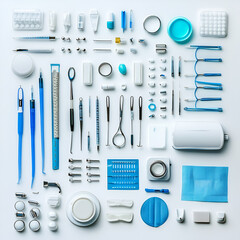 Medical instruments arrangement laboratory photography clean environment top view clinical supplies
