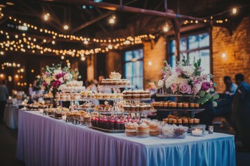 Elegant dessert spread enhances a joyful celebration in a charming rustic venue during a warm evening gathering