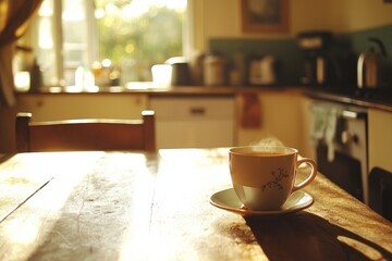 A warm, inviting kitchen with a cup of tea on the table. A person is sipping their tea, trying to unwind after weeks of feeling burned out and overstressed.