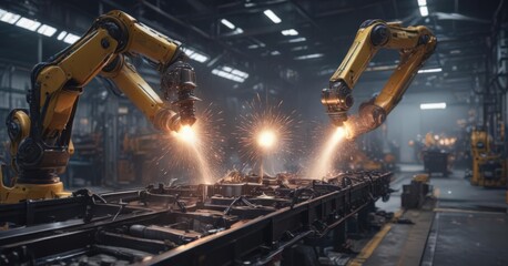 Two robotic arms simultaneously weld car parts on a conveyor belt ,  industrial automation,  steel