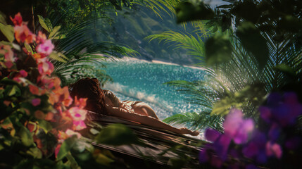 Lazy days in eden a gorgeous woman relaxing and bosom the serene beauty of her tropical getaway.