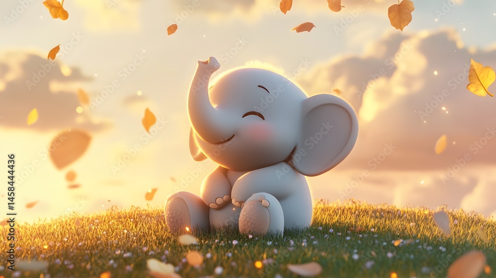 Poster a digital rendering of a cheerful, tiny elephant.