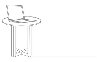 Wooden table with laptop continuous one line drawing,