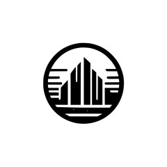 Modern Black & White Cityscape Logo in Circle, Minimalist Design