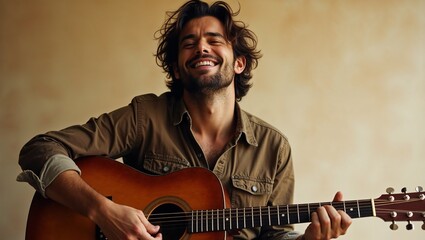 Obraz premium Young man smiling while playing guitar indoors
