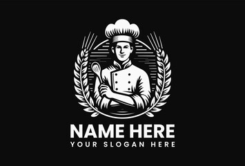 Elegant black and white illustration of a chef holding a knife and fork within a circular frame adorned with wheat. Food concept