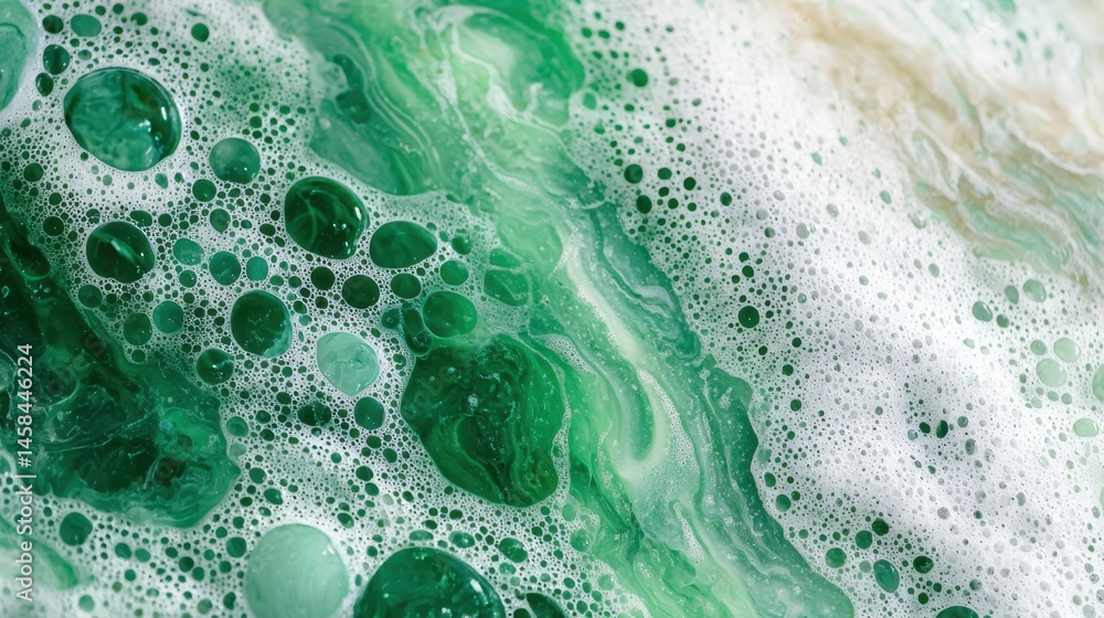 Poster bubbles and swirls in vibrant green foam creating an abstract texture at a close view during daytime