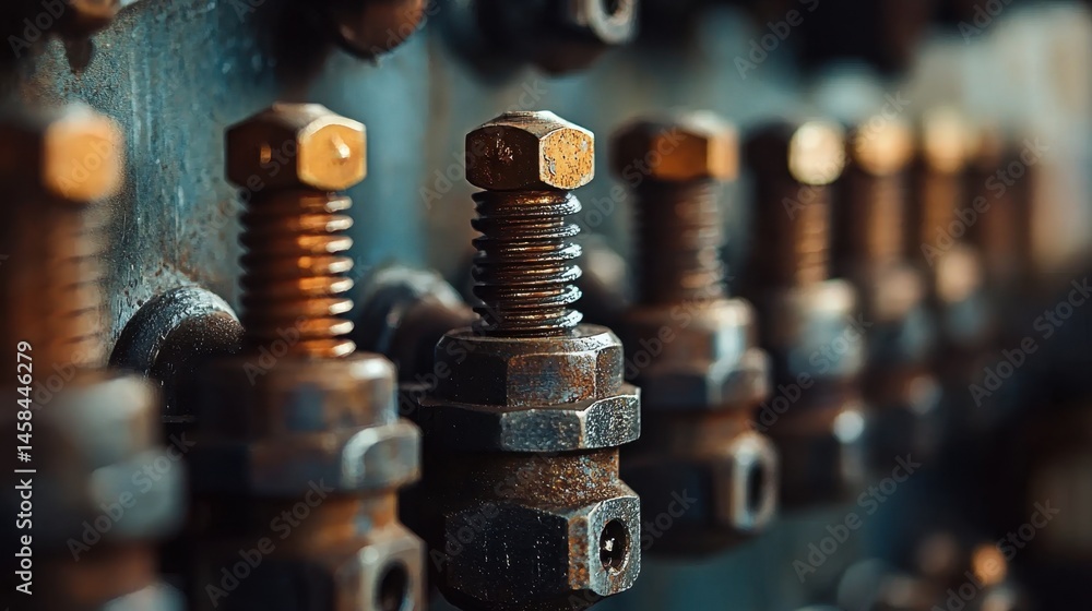 Poster close-up view of rusty bolts arranged in a row, showcasing the wear and tear they have undergone ove