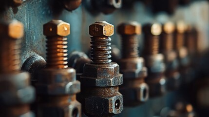 Close-up view of rusty bolts arranged in a row, showcasing the wear and tear they have undergone over time in an industrial setting