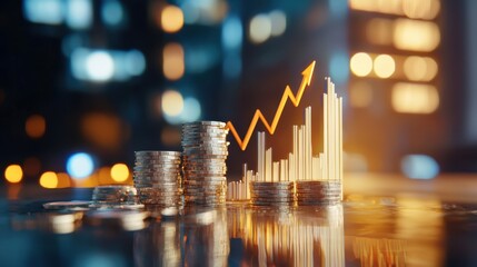 Financial growth represented by stacked coins with an upward trend in graphs on a blurred city background