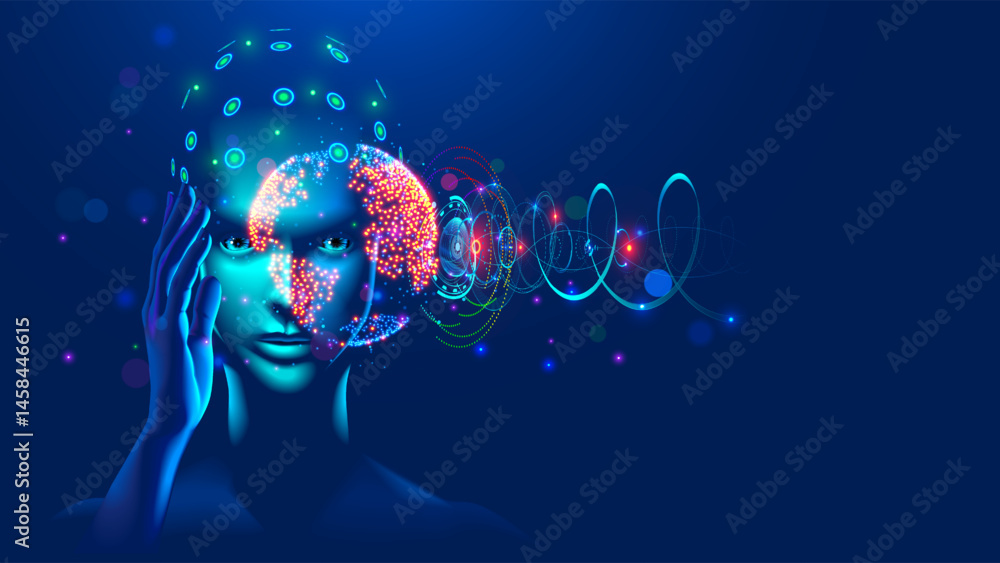 Poster AI or artificial intelligence the form of a human face or head with a glowing brain holds the planet Earth in its hand with an abstract hud interface. Abstract tech background with the face of AI.