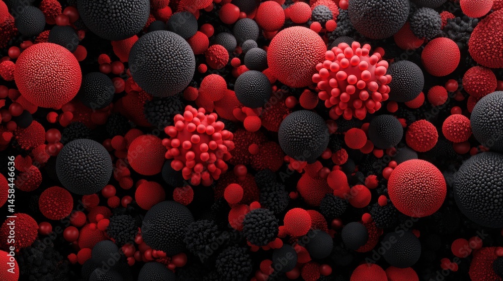Poster colorful abstract representation of cells and microbes in varying shapes and sizes set against a dar