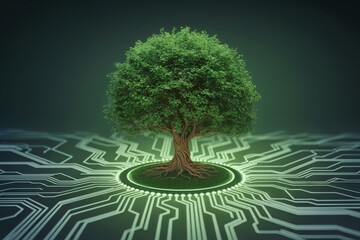 Lush green tree digitally rooted in a glowing circuit board, concept for technology and nature integration