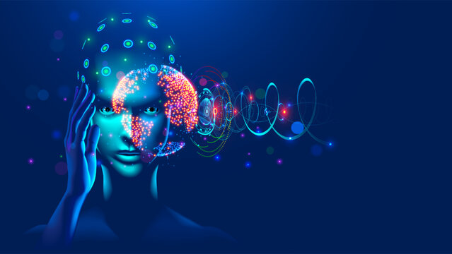 AI or artificial intelligence the form of a human face or head with a glowing brain holds the planet Earth in its hand with an abstract hud interface. Abstract tech background with the face of AI.