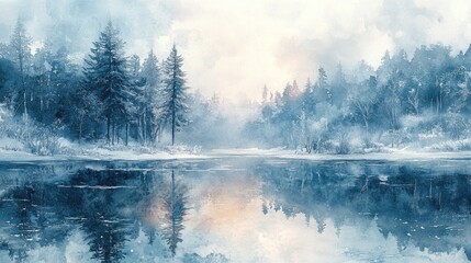 Fototapeta premium Winter Serenity: A Watercolor Landscape of Tranquil Forest Lake Reflection
