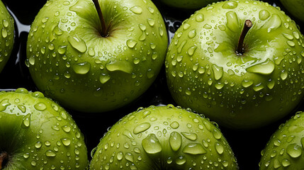 Fresh green apples with water droplets, close-up of juicy fruits on dark background, healthy food theme.