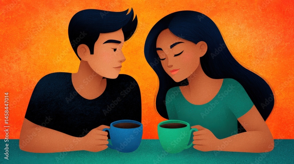 Poster a couple enjoying warm beverages while gazing at each other creating a cozy intimate atmosphere with