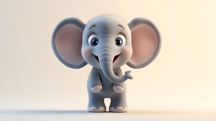 A cheerful, cartoon elephant stands in a light setting.