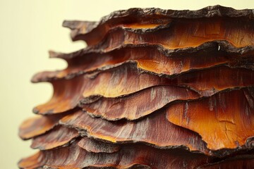 Naklejka premium Close-up view of layered, textured bark patterns.