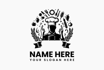 Elegant black and white illustration of a chef holding a knife and fork within a circular frame adorned with wheat. Food concept