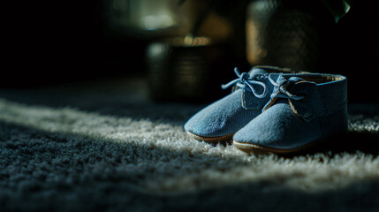 Light blue infant shoes placed gently on a soft carpet, evoking lovingness and comfort.