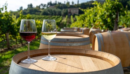 Serene Vineyard Scene with Wine Glasses on a Wooden Barrel