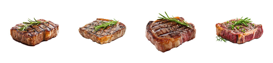 Grilled beef steak variations with rosemary, cut out transparent