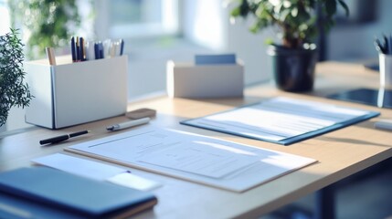 graphic production materials on a table, such as business cards, pamphlets, portfolio, document folder and personalized pen, in a beautiful and organized office