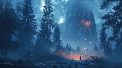 Mystical Night in the Enigmatic Forest: A Solitary Figure Before a Glowing Monolith