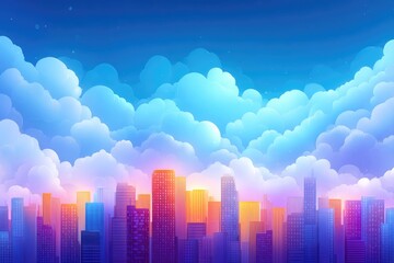 Fototapeta premium Colorful city skyline with vibrant clouds at dawn.