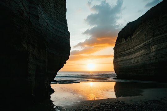 Dramatic sunset through coastal rock formations