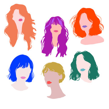 Colorful Flat Design Woman Portraits &ndash; Fashion Hairstyles Collection with bright colors. Modern vector faces, lips  and wavy hair silhouette drawings set 
