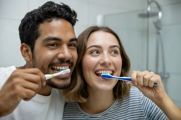 Close-up of a happy young couple brushing their teeth together in a modern bathroom, concept for dental hygiene campaign, oral care product advertising
