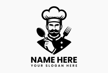Cartoon chef character holding knife and fork inside circular wheat frame, playful black and white food logo symbolizing culinary creativity and warmth 