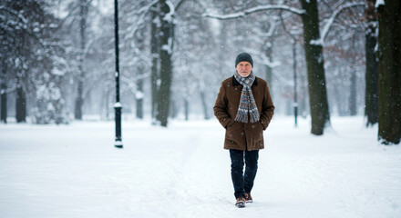 An elderly man bundled up in winter clothes, walking through a snowy park