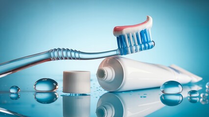 Close-up shot of toothbrush with toothpaste and water drops on a blue background, concept for oral hygiene product advertisement