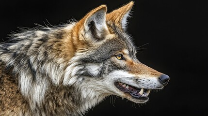 Fototapeta premium Close-up profile of a wolf against a black background, showing its fur, teeth, and eyes.