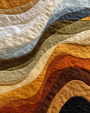 Abstract textile art with wavy, layered patterns in earth tones, featuring textures and organic lines for a warm, cozy feel.