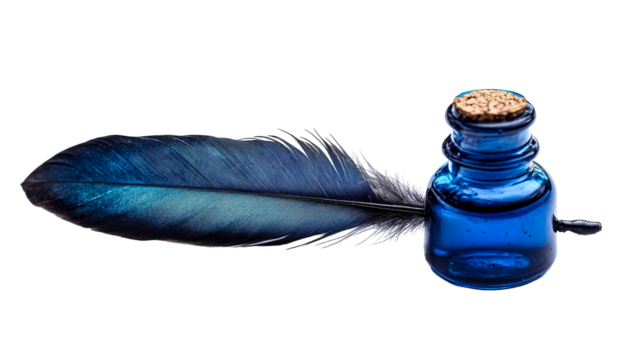 Feather quill and blue ink bottle, writing equipment, cut out transparent