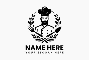 Vintage chef holding knife and fork within ornate circular wheat frame in black and white vector logo, evoking tradition, quality, and timeless culinary excellence  
