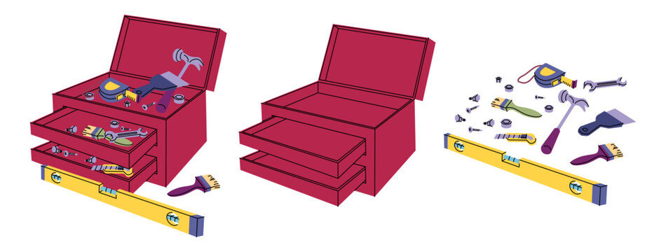 Cartoon Red Empty and Full Open Construction Toolkit Boxes Set Repair Master Implement Tool Box Concept Flat Design Style. Vector illustration